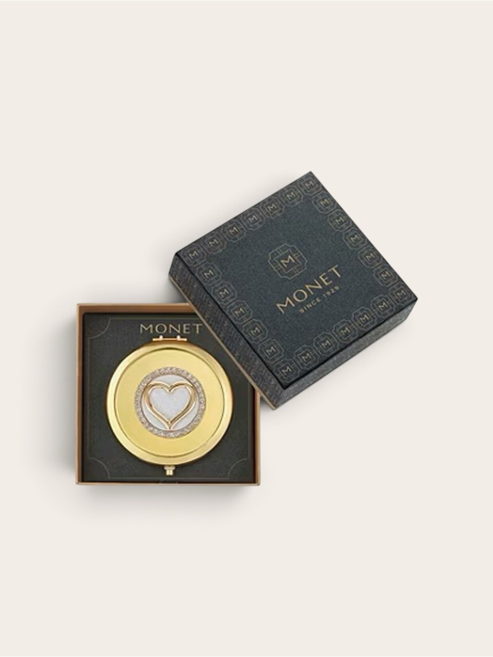 MONET Compact Mirror Gold Tone Heart Textural New in Box Rhinestone